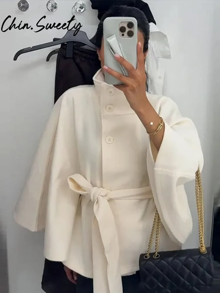 Women's Cape Coat – Wool Blend – Loose-Fitting Model – High Collar – Waist Belt - Image 2
