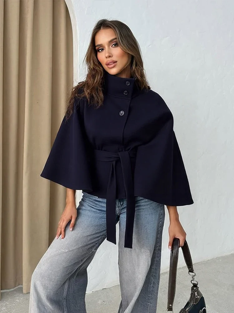 Women's Cape Coat – Wool Blend – Loose-Fitting Model – High Collar – Waist Belt - Image 3