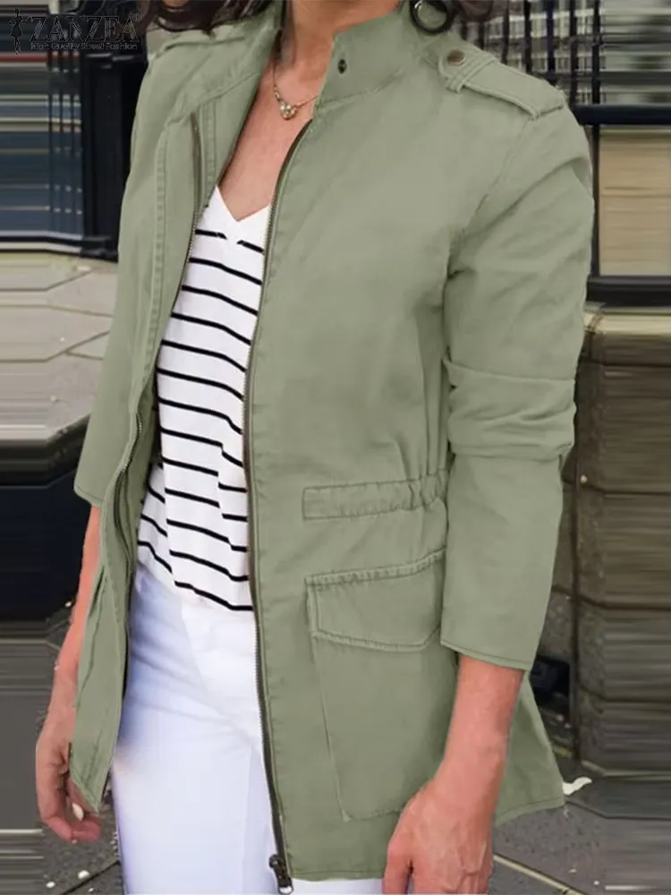 Women's Cargo Jacket – Relaxed Fit – Cotton – Zip Closure – Stand-up Collar – Flap Pockets - Image 2