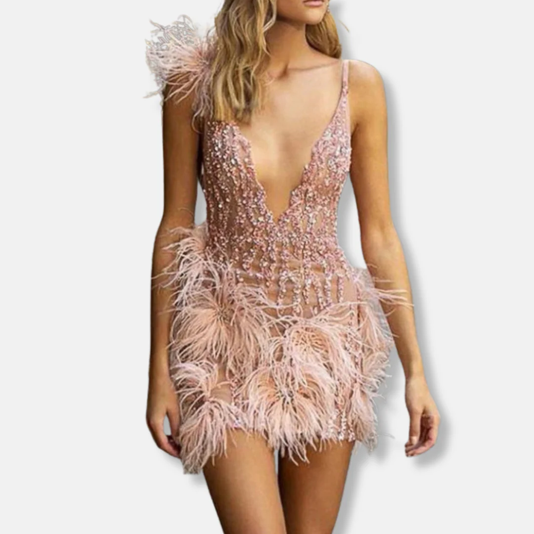 Women's Cocktail Dress – Slim Fit – Mini Length – V-Neck – Sequins and Feathers - Image 2
