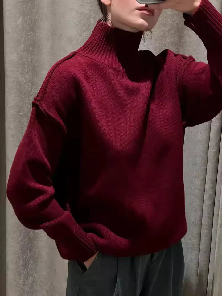 Women's Turtleneck – Loose Fit – Knitted Wool – Ribbed Collar and Cuffs – Seam Detail - Image 2