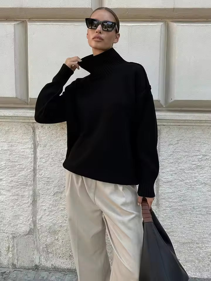 Women's Turtleneck – Loose Fit – Knitted Wool – Ribbed Collar and Cuffs – Seam Detail - Image 3