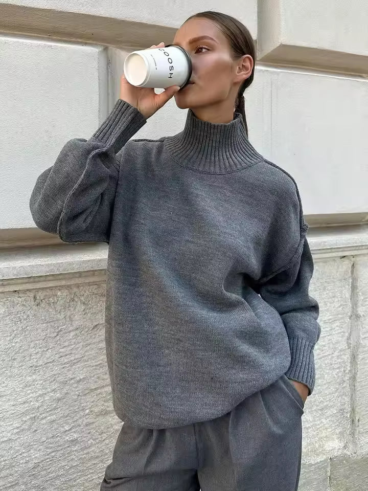 Women's Turtleneck – Loose Fit – Knitted Wool – Ribbed Collar and Cuffs – Seam Detail - Image 4