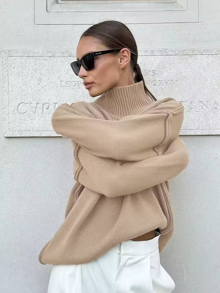 Women's Turtleneck – Loose Fit – Knitted Wool – Ribbed Collar and Cuffs – Seam Detail - Image 5