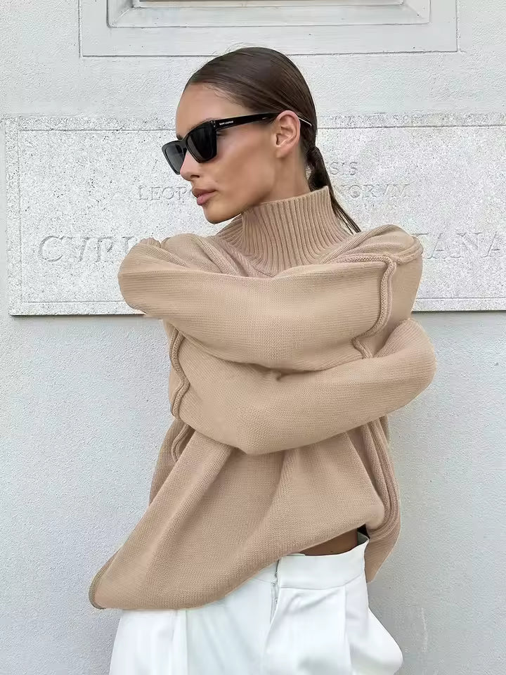Women's Turtleneck – Loose Fit – Wool Mix – Balloon Sleeves – Ribbed Cuffs - Image 4