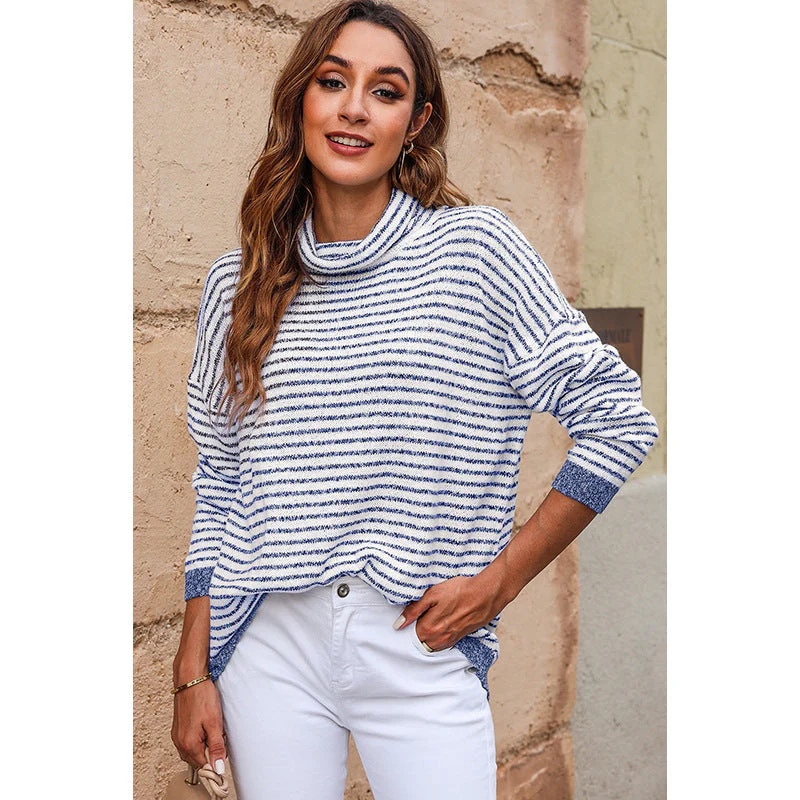 Ladies Turtleneck Sweater – Relaxed Fit – Wool Blend – Striped – Ribbed Edges - Image 2