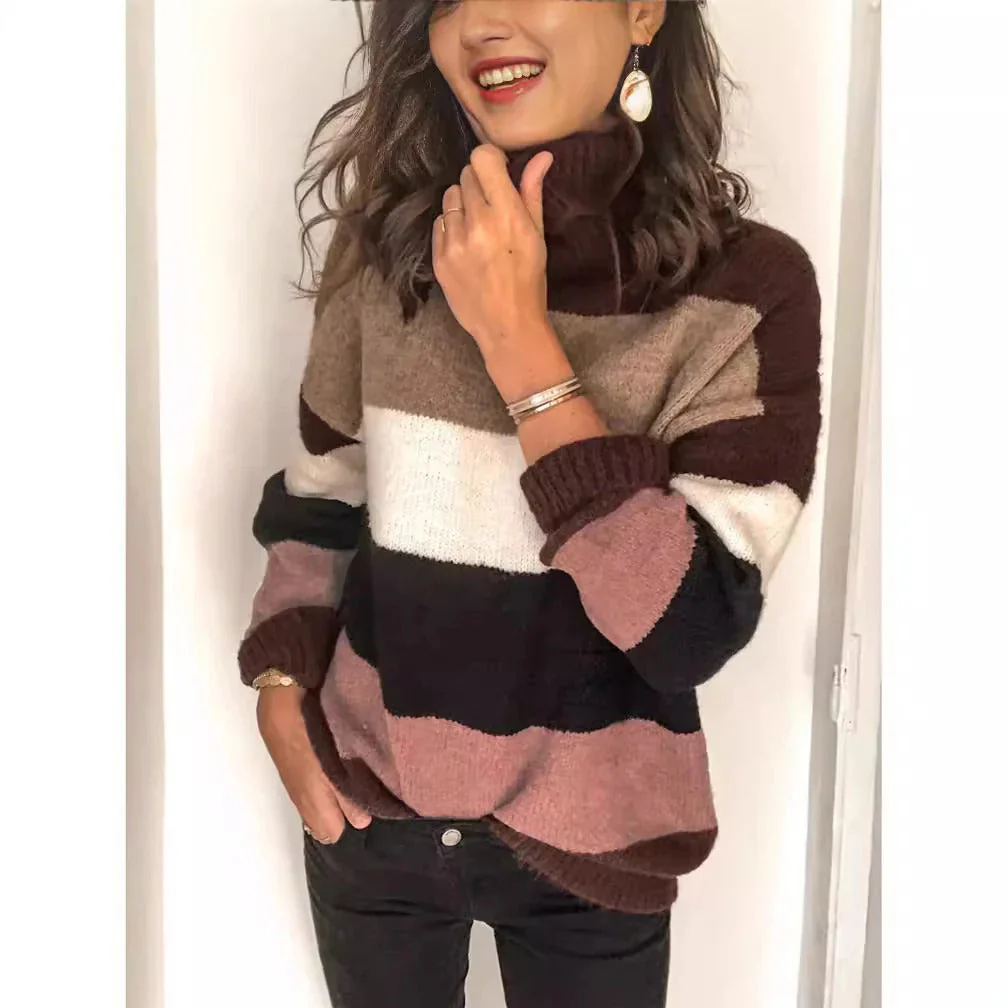 Women's Turtleneck – Wool – Relaxed Fit – Striped – Hip-Length Casual Sweater - Image 2
