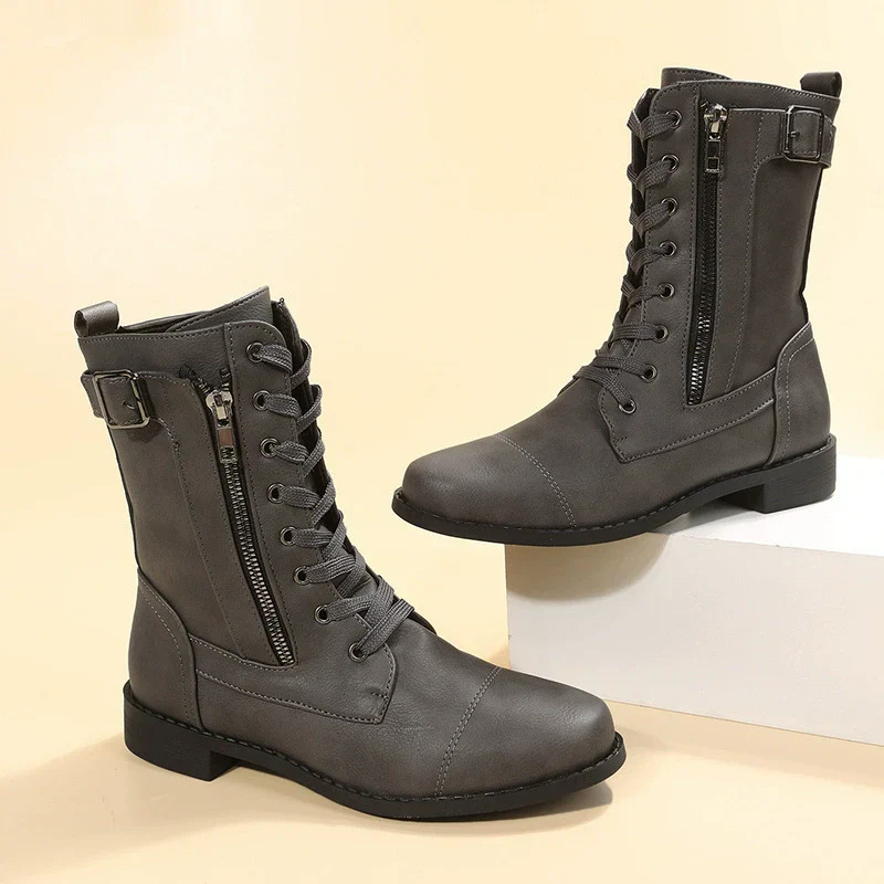 Women's Combat Boots – Mid-height – Lace-up and Zipper – Low Heel – Buckle Detail - Image 2