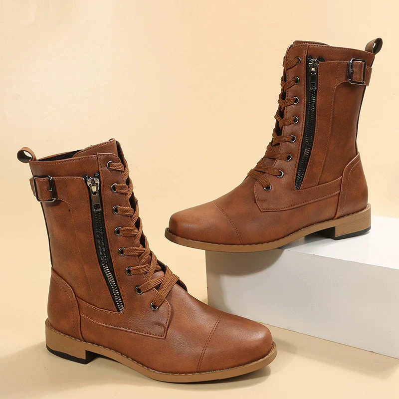 Women's Combat Boots – Mid-height – Lace-up and Zipper – Low Heel – Buckle Detail - Image 3