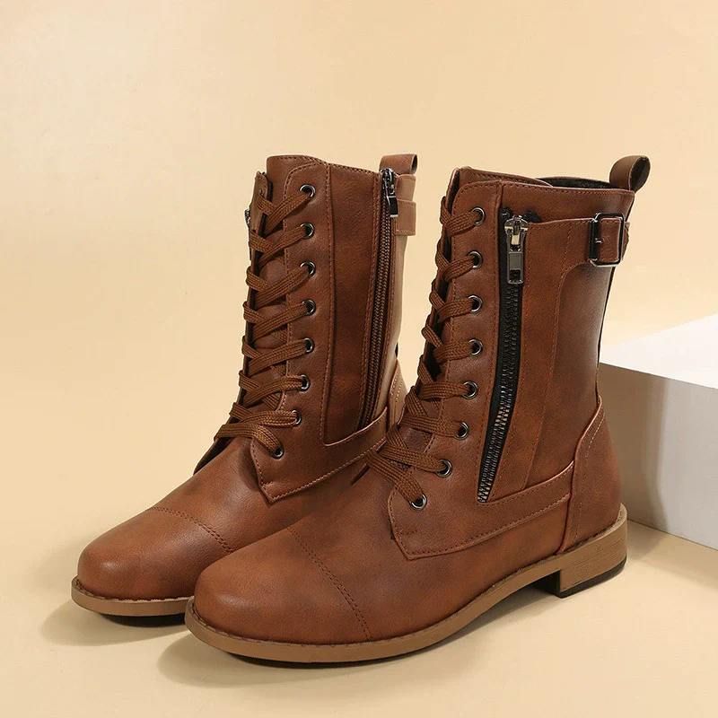 Women's Combat Boots – Mid-height – Lace-up and Zipper – Low Heel – Buckle Detail - Image 4