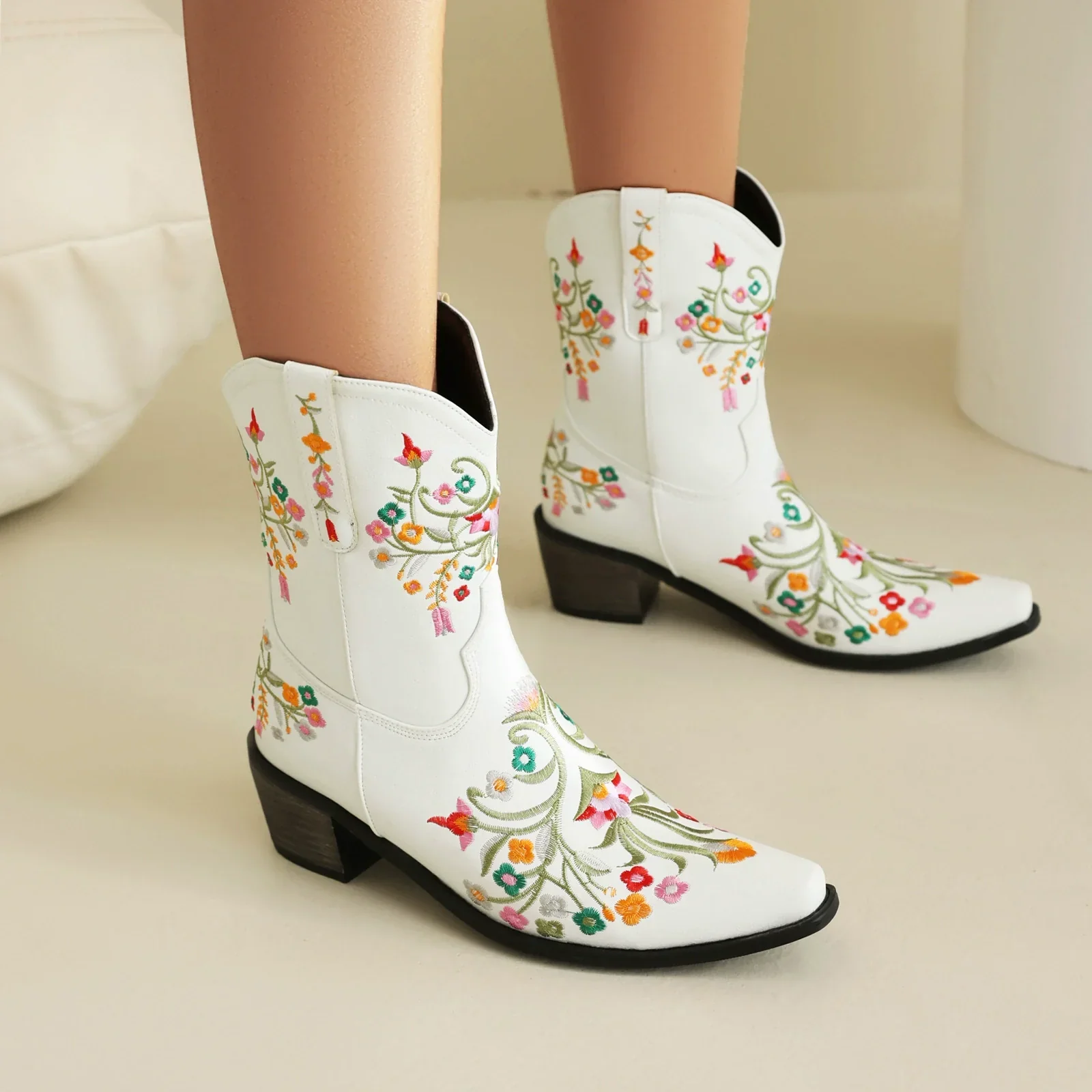 Women's Cowboy Boots – Mid-Calf – Leather – Embroidered Flowers – Pointed Toe – Block Heel - Image 2