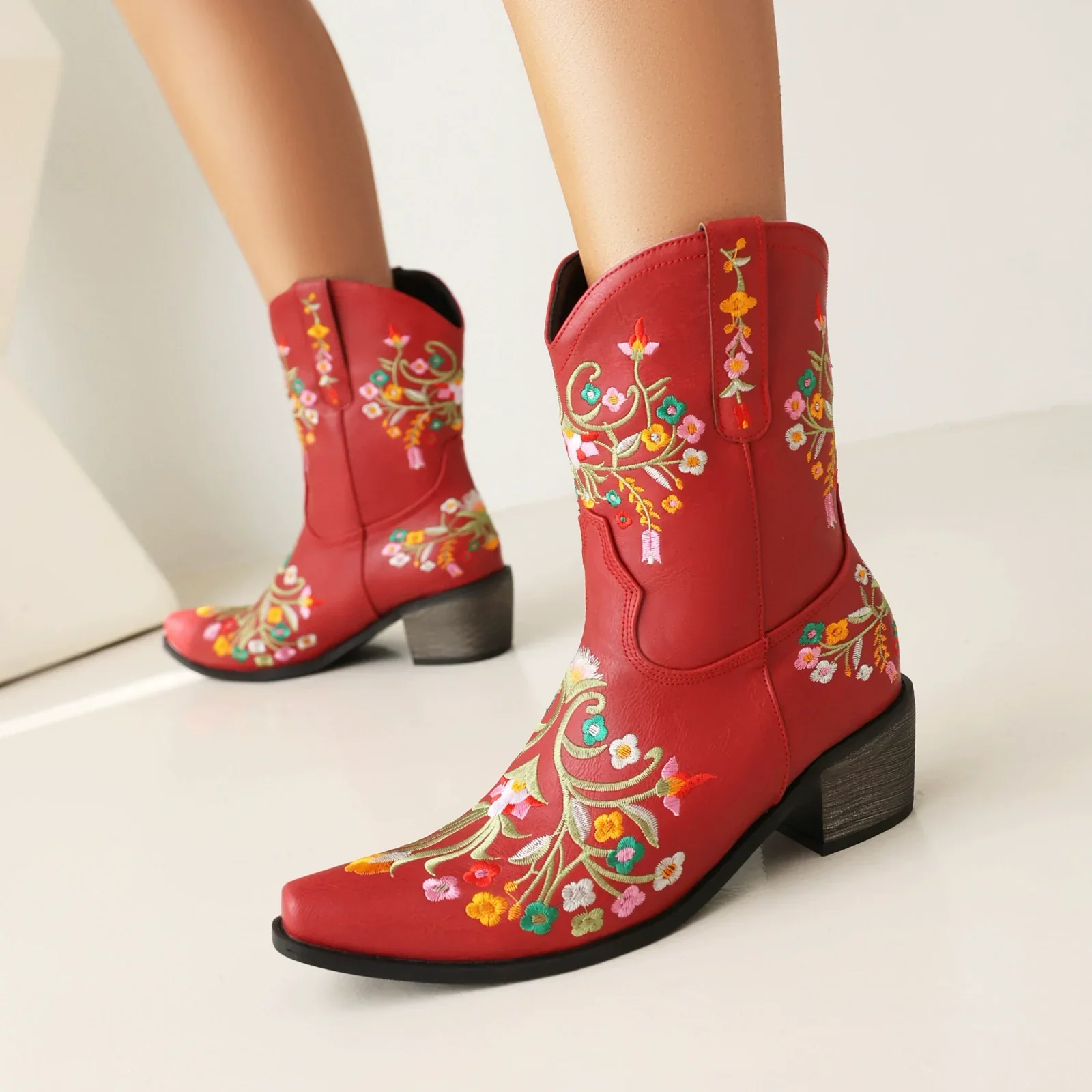 Women's Cowboy Boots – Mid-Calf – Leather – Embroidered Flowers – Pointed Toe – Block Heel - Image 3