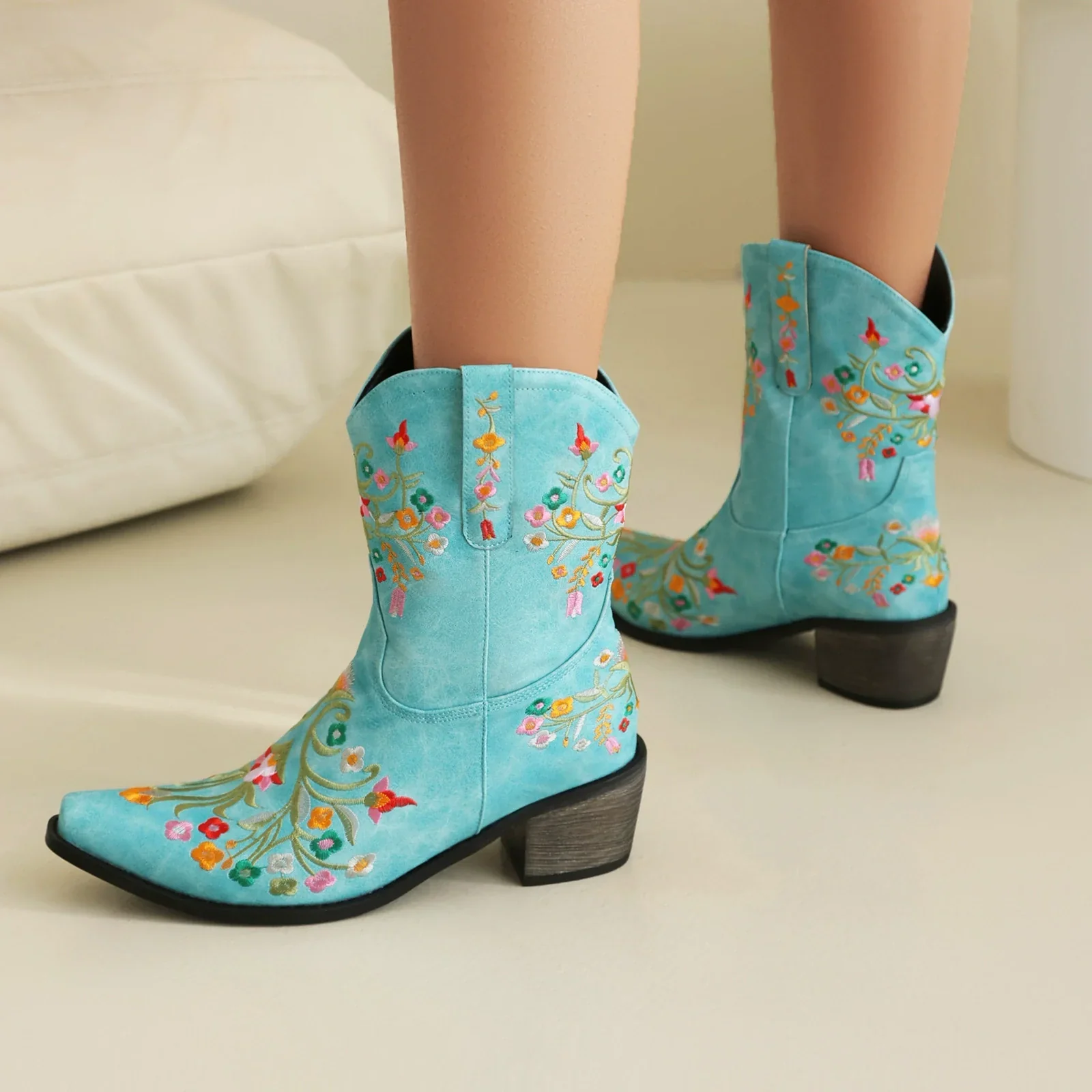 Women's Cowboy Boots – Mid-Calf – Leather – Embroidered Flowers – Pointed Toe – Block Heel - Image 4
