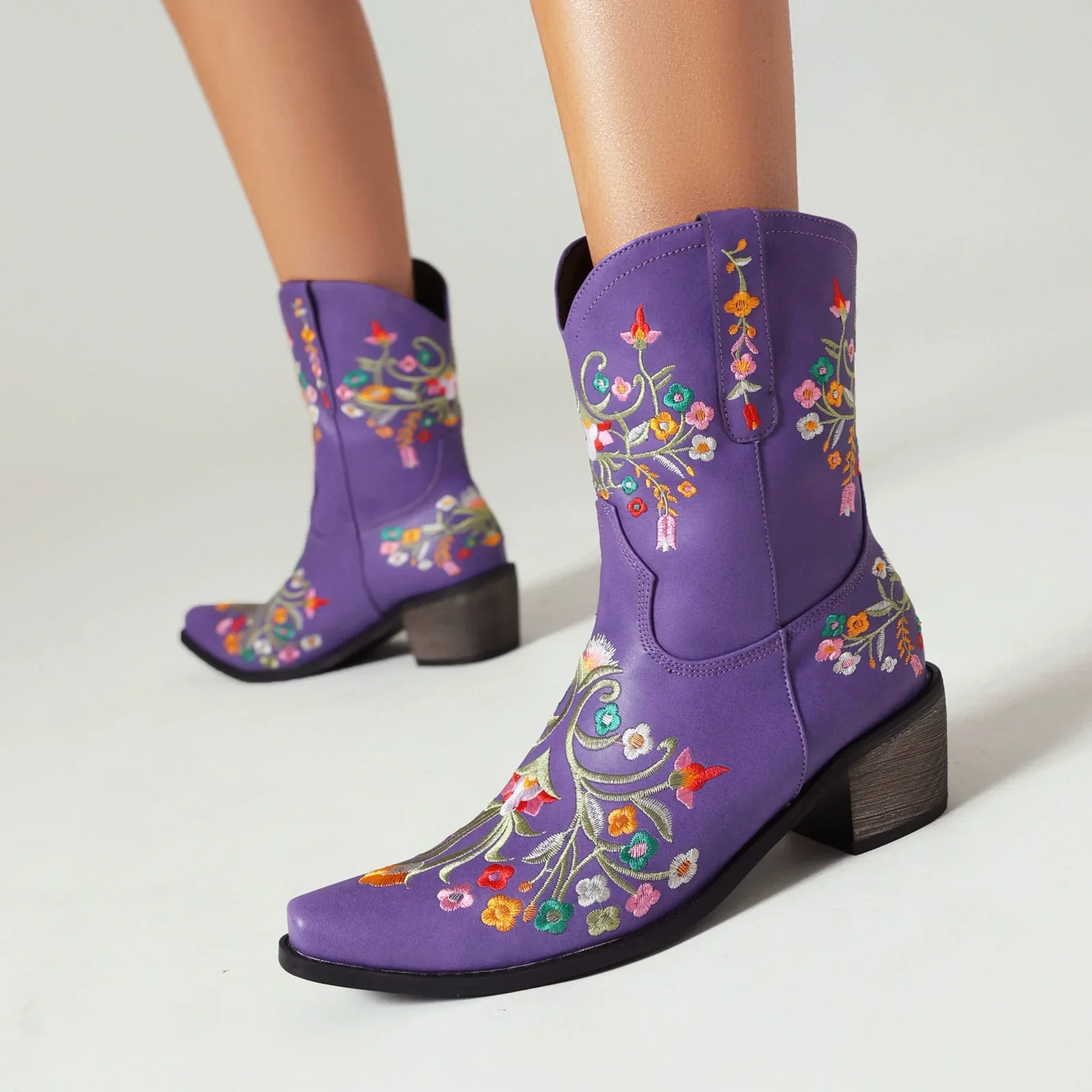 Women's Cowboy Boots – Mid-Calf – Leather – Embroidered Flowers – Pointed Toe – Block Heel - Image 5