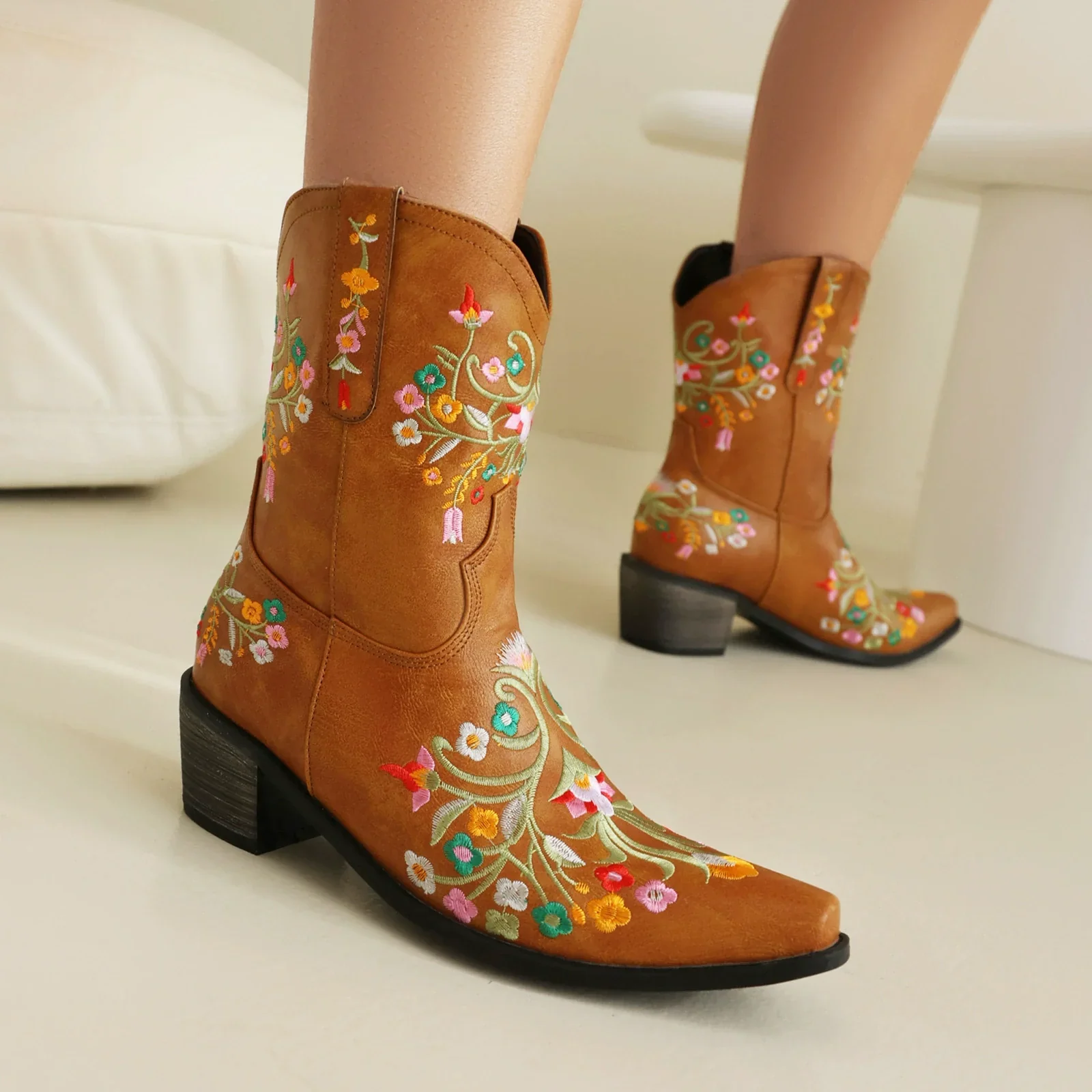 Women's Cowboy Boots – Mid-Calf – Leather – Embroidered Flowers – Pointed Toe – Block Heel - Image 6