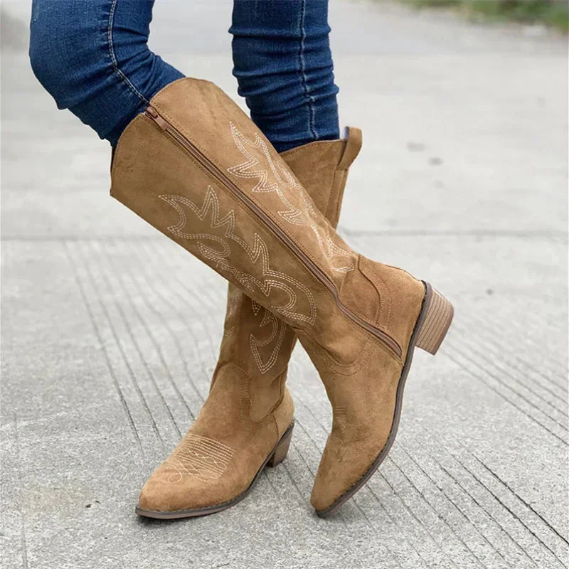 Women's Cowboy Boots – Suede Look – Mid-Calf – Embroidery – Low Heel - Image 2
