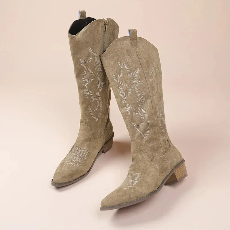 Women's Cowboy Boots – Suede Look – Mid-Calf – Embroidery – Low Heel - Image 4