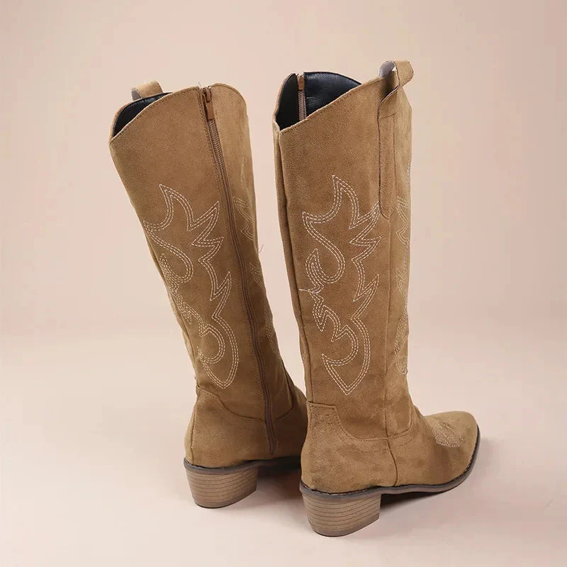 Women's Cowboy Boots – Suede Look – Mid-Calf – Embroidery – Low Heel - Image 5