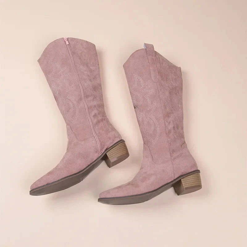 Women's Cowboy Boots – Suede Look – Mid-Calf – Embroidery – Low Heel - Image 6