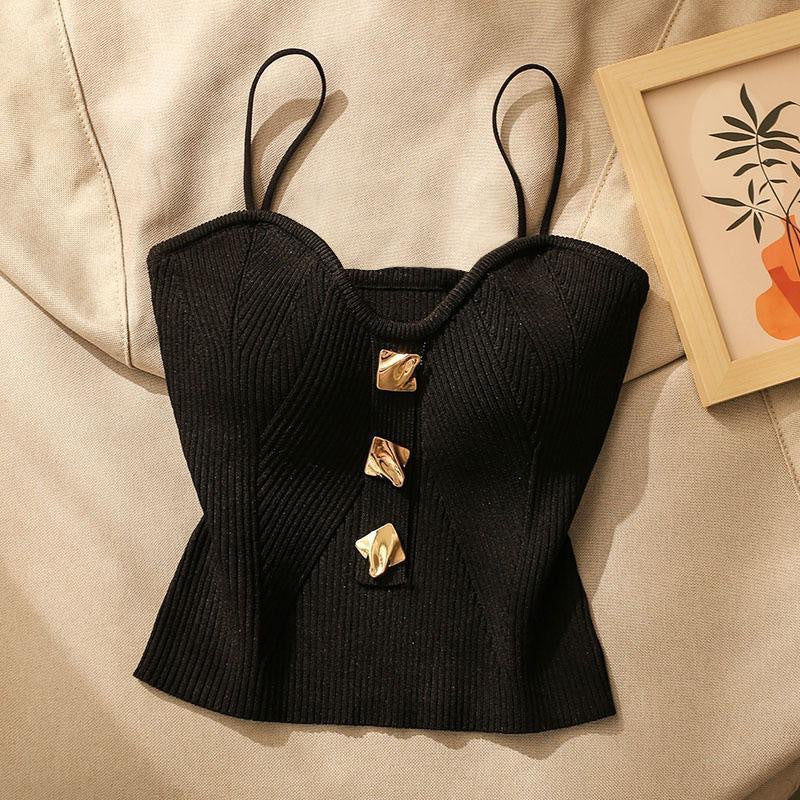 Ladies Crop Camisole – Slim Fit – Ribbed Soft Knit – Spaghetti Straps – Golden Details - Image 2