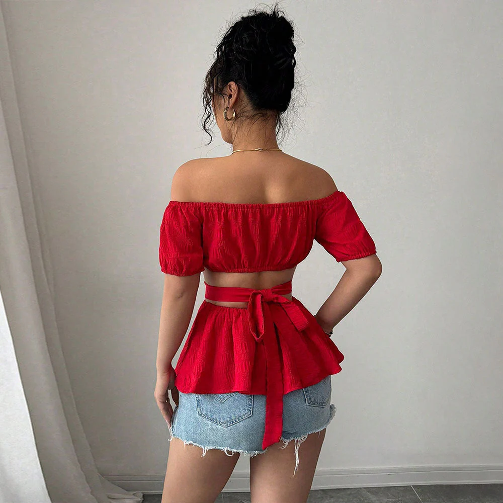 Ladies Crop Top – Off-Shoulder – Fitted Model – Crisscross Waist – Short Sleeve - Image 2