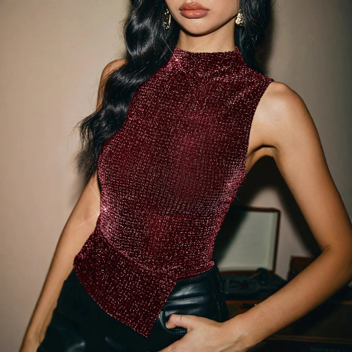 Ladies Crop Top – Slim Fit – High Neck – Sleeveless – Shiny Rhinestone Party Look - Image 3