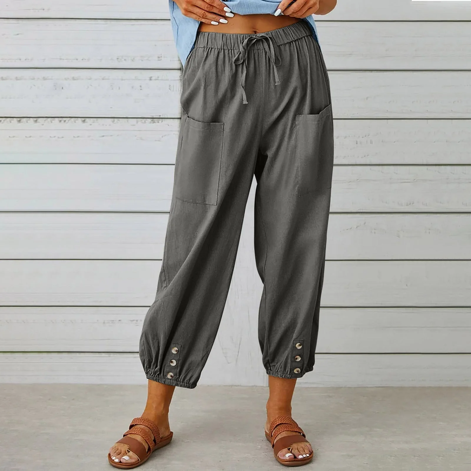 Women's Cropped Pants – High Waist – Loose Fit – Drawstring Waist – Breathable Fabric - Image 2
