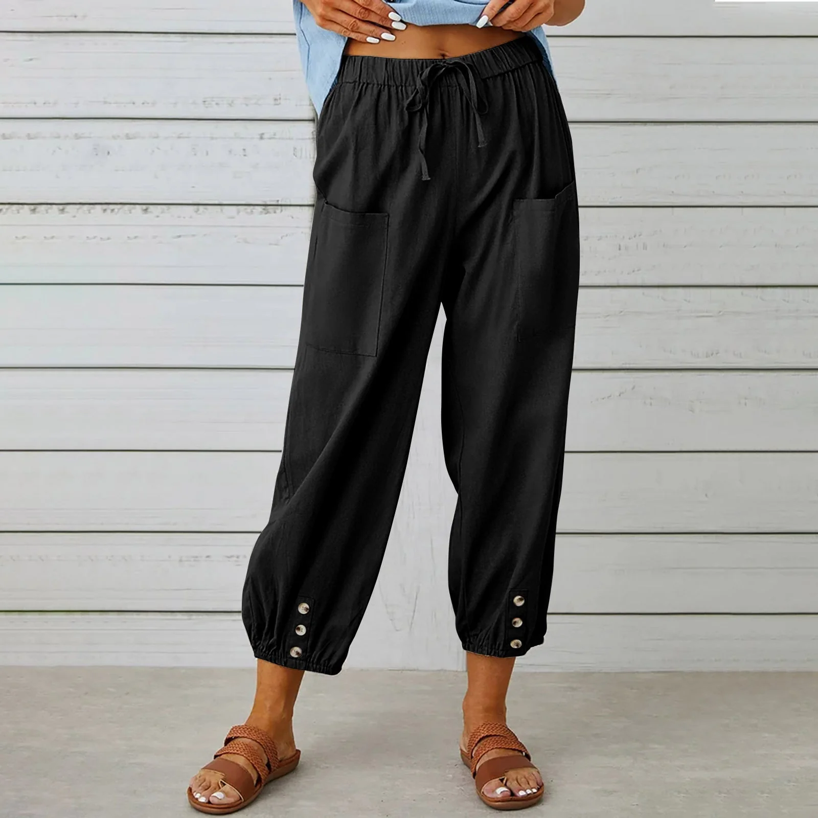 Women's Cropped Pants – High Waist – Loose Fit – Drawstring Waist – Breathable Fabric - Image 3