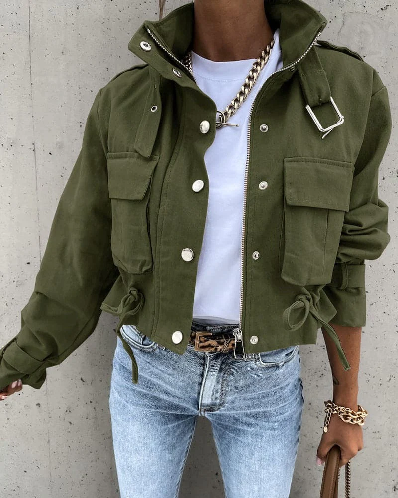 Women's Cropped Jacket – Cotton Blend – Utility Look – Drawstring Waist – Flap Pockets - Image 2