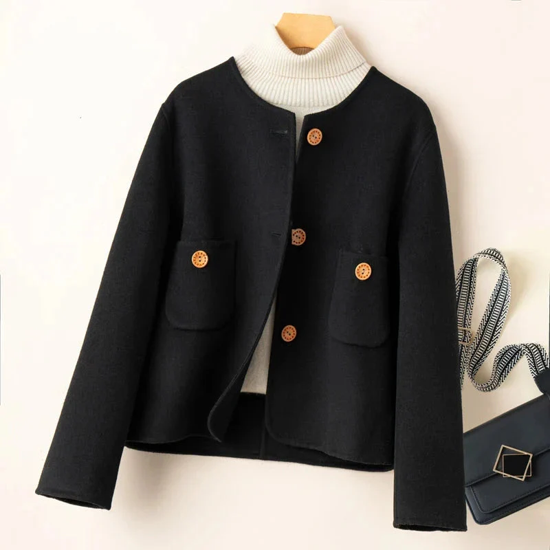 Women's Cropped Jacket – Woolmix – Relaxed Structure – Collarless Round Neck – Large Pockets - Image 3