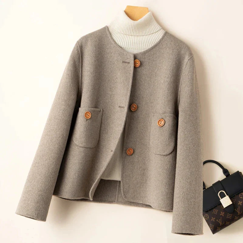 Women's Cropped Jacket – Woolmix – Relaxed Structure – Collarless Round Neck – Large Pockets - Image 4