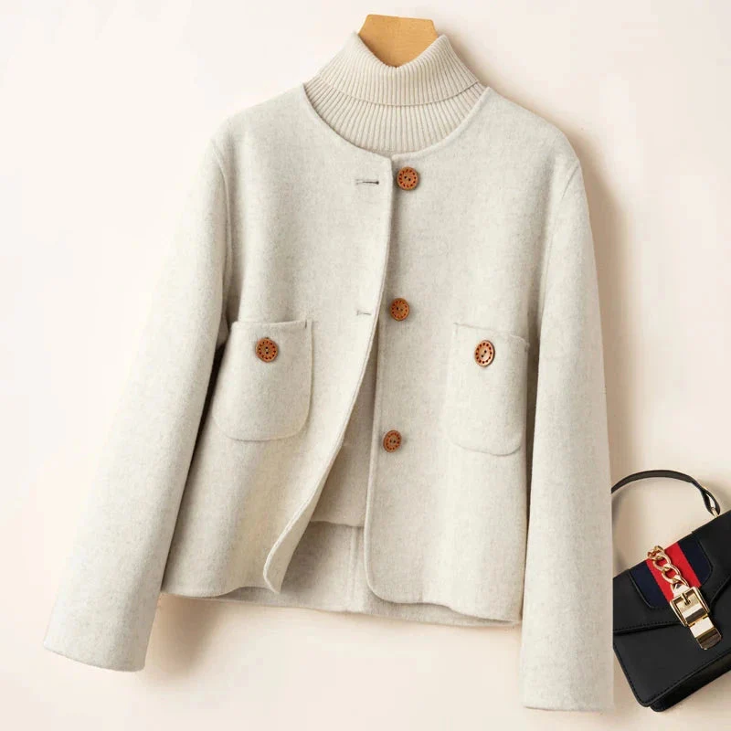 Women's Cropped Jacket – Woolmix – Relaxed Structure – Collarless Round Neck – Large Pockets - Image 5