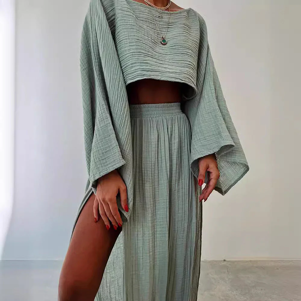 Women's Cropped Top – Linen Mix – Relaxed Fit – Boat Neck – 3/4 Wide Sleeves - Image 2