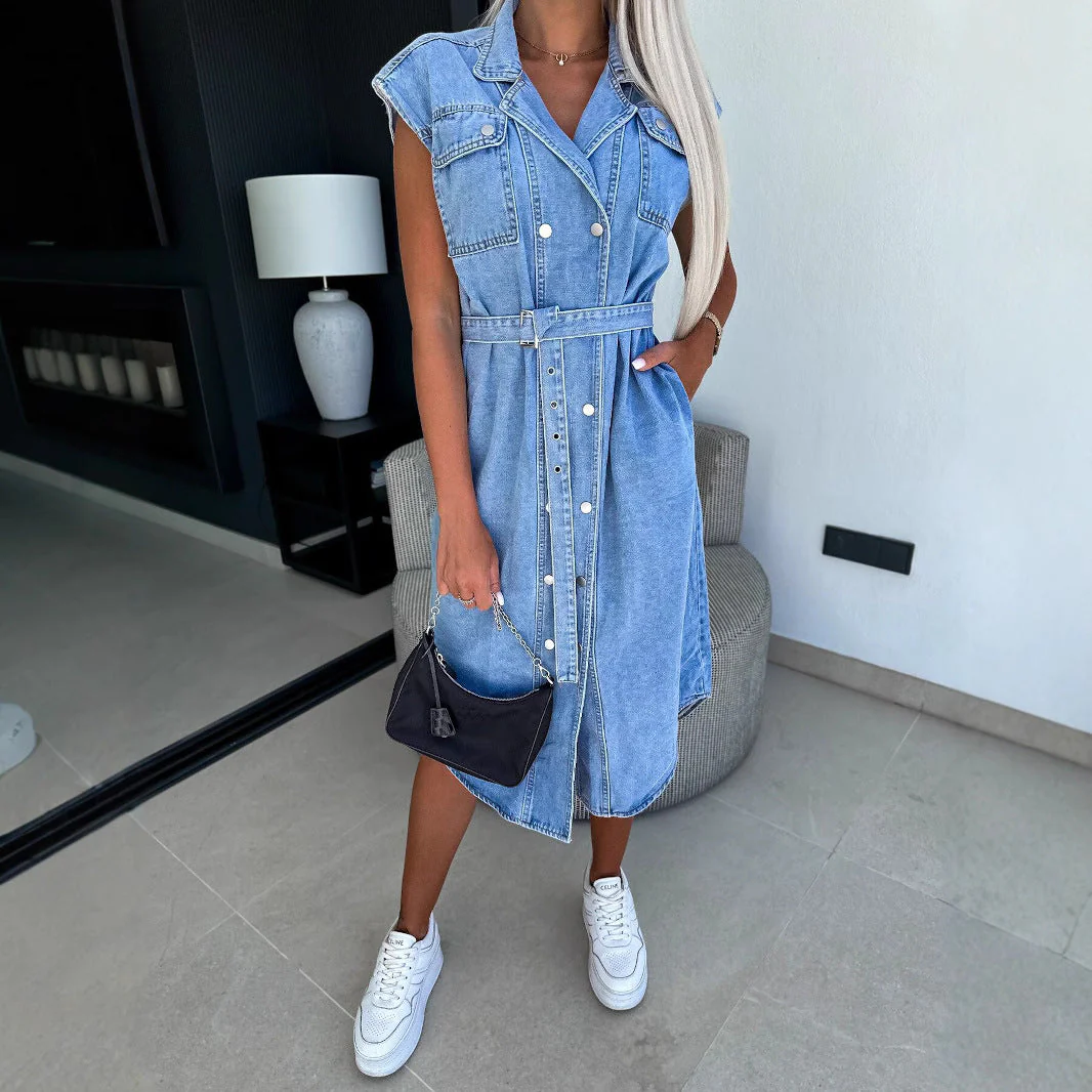 Ladies Denim Dress – Casual Fit – Sleeveless – Button Closure – Belt – Midi Length - Image 2
