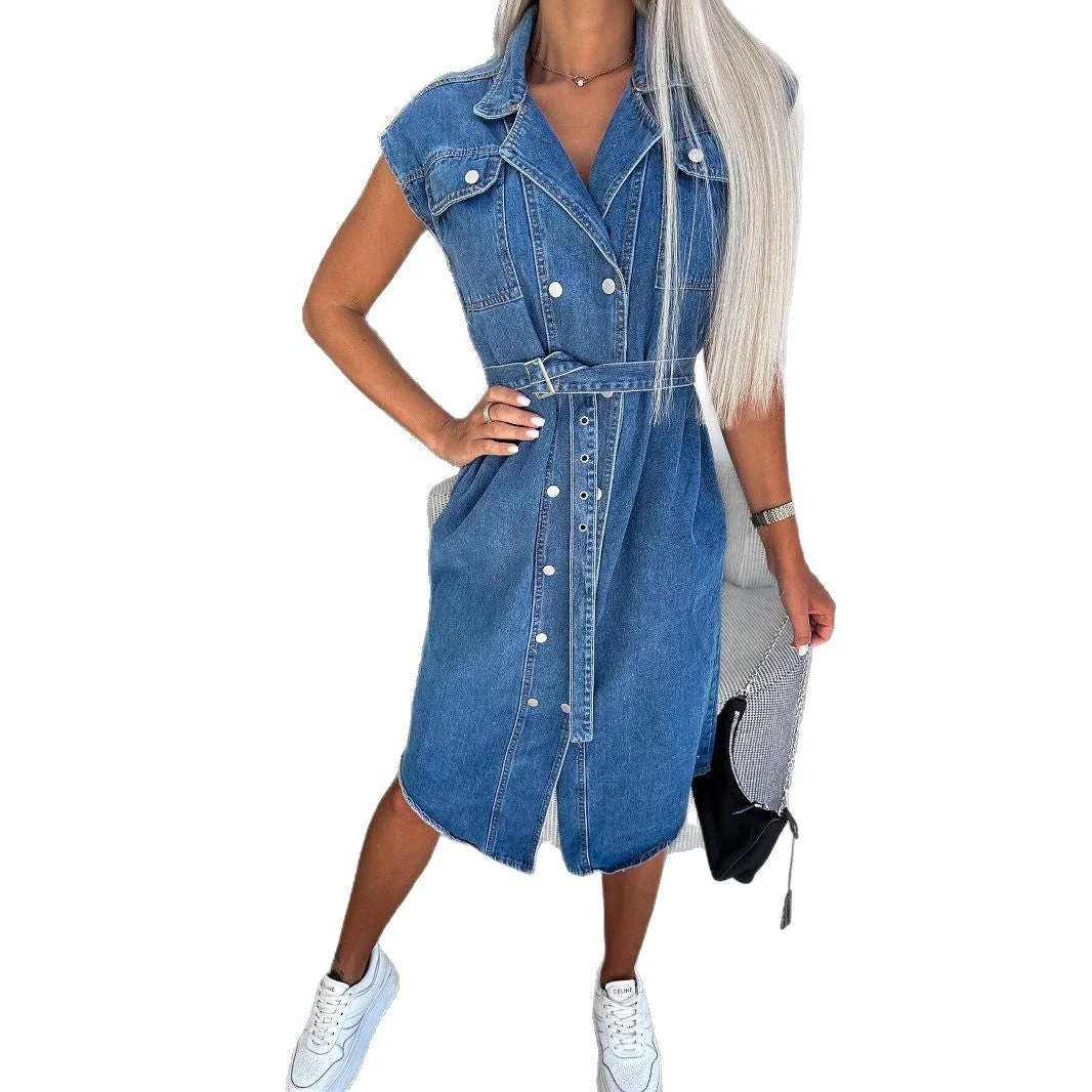 Ladies Denim Dress – Casual Fit – Sleeveless – Button Closure – Belt – Midi Length - Image 4