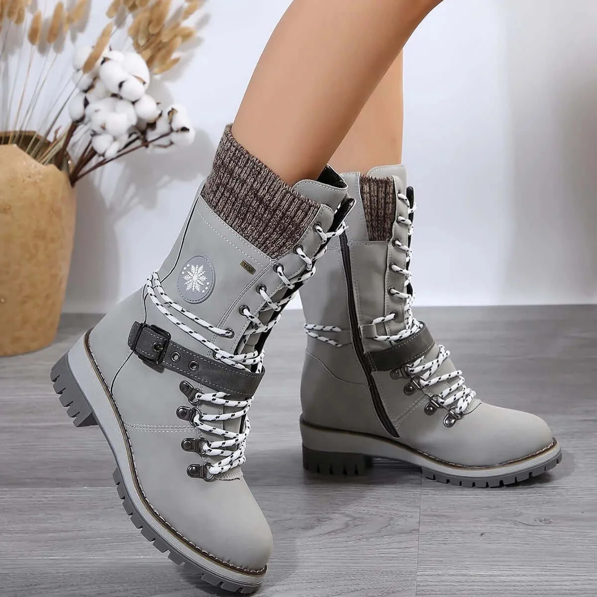 Women's Ankle Boots – Structured Fit – Ribbed Cuff – Zip Closure – Lace-up Closure - Image 3