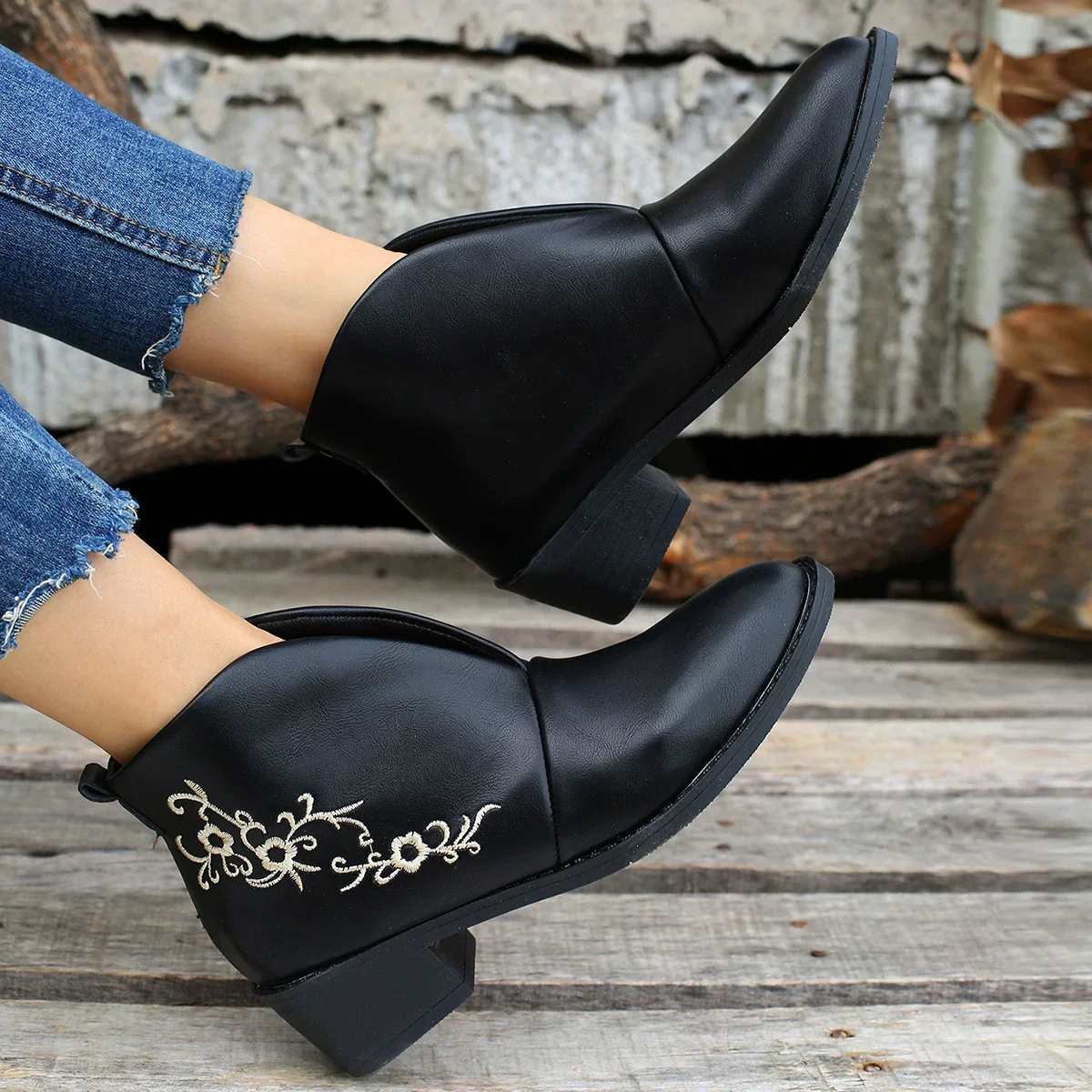 Women's Ankle Boots – Smooth Leather-Look – Low Heel – V-Cut – Embroidered Flower Motif - Image 2