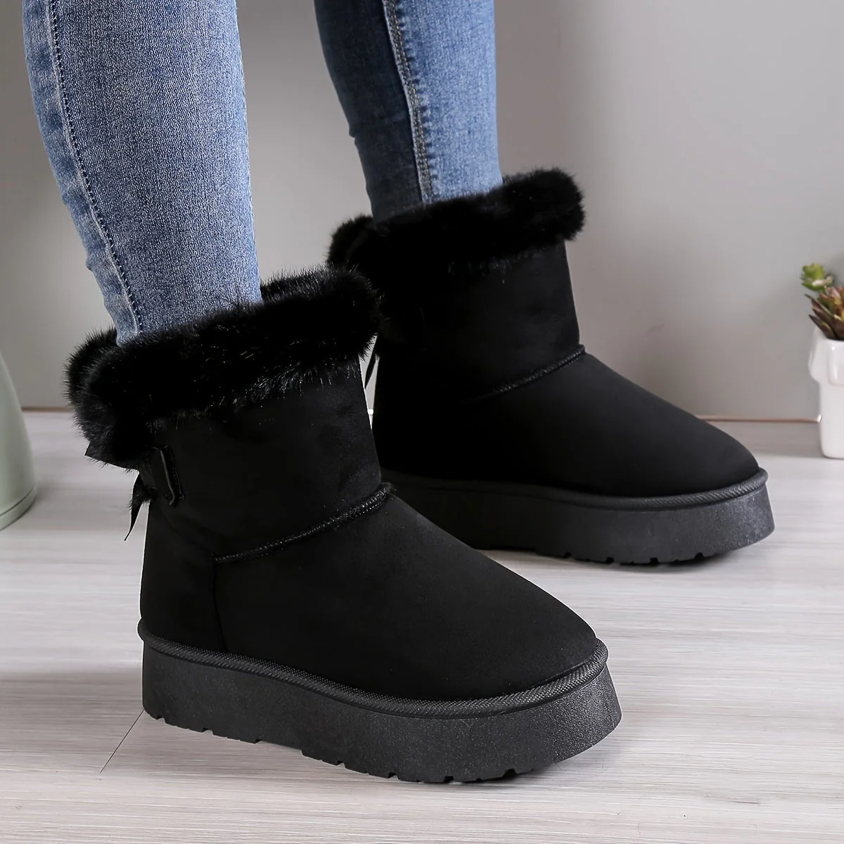 Ladies Ankle Boots – Suede Look – Platform Sole – Warm Lining – Back Bow Detail - Image 2