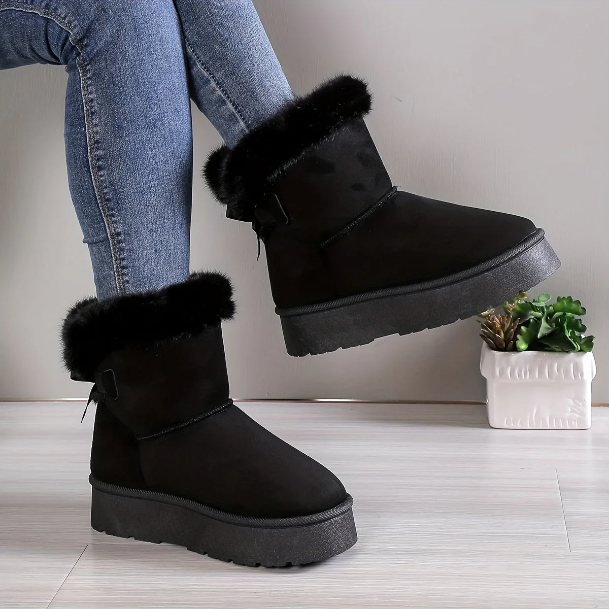 Ladies Ankle Boots – Suede Look – Platform Sole – Warm Lining – Back Bow Detail - Image 3