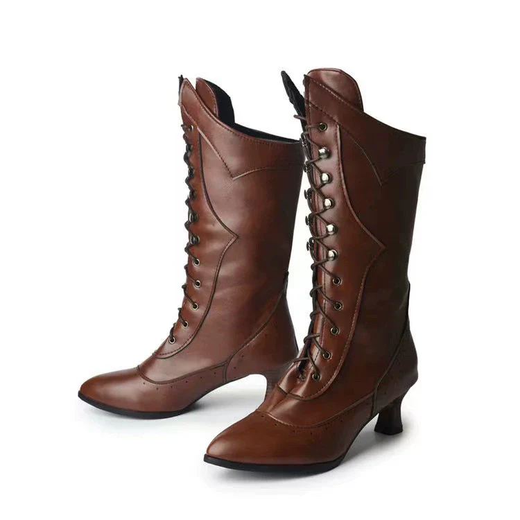 Women's Ankle Boots – Brogue Details – Pointed Toe – Lace-up Closure – Curved Heel - Image 2