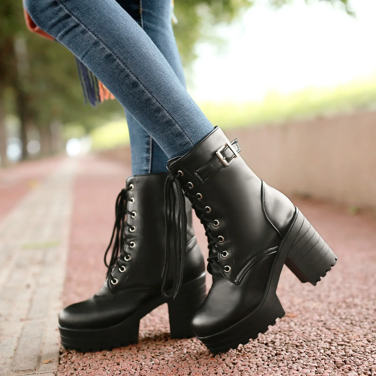Women's Ankle Boots – Chunky Platform – Block Heel – Lace and Buckle Closure – Faux Leather - Image 2