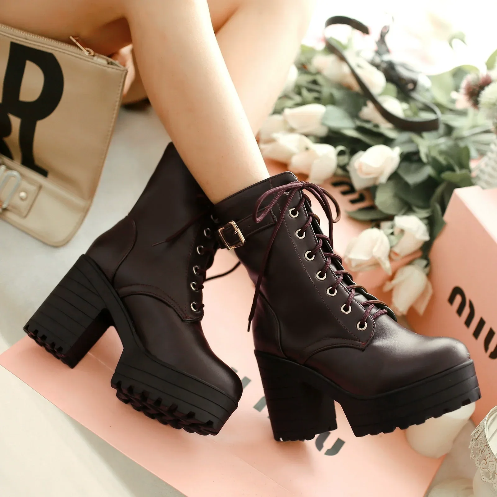 Women's Ankle Boots – Chunky Platform – Block Heel – Lace and Buckle Closure – Faux Leather - Image 3