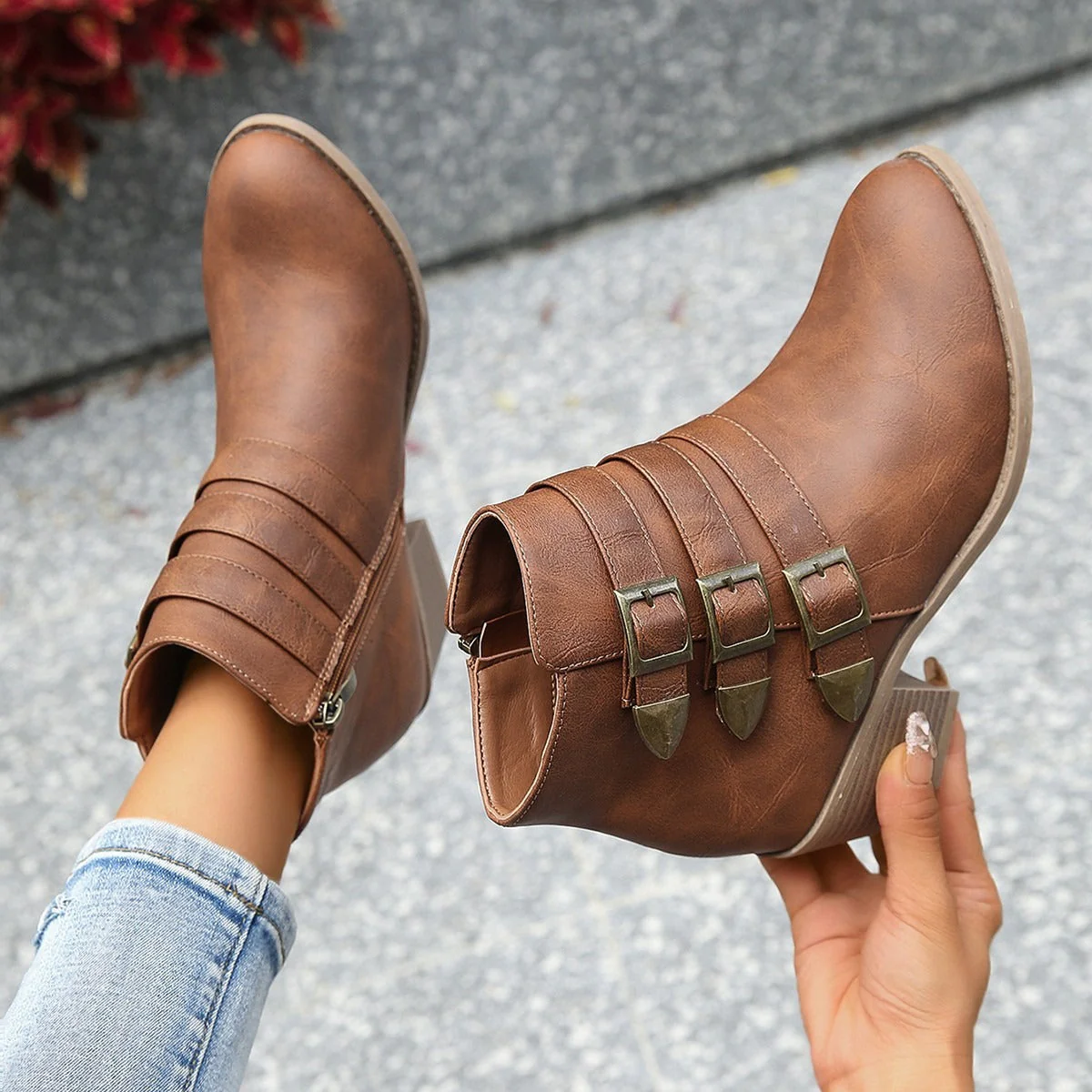 Women's ankle boots – Faux leather – Block heel – Round toe – Zipper and buckles - Image 2