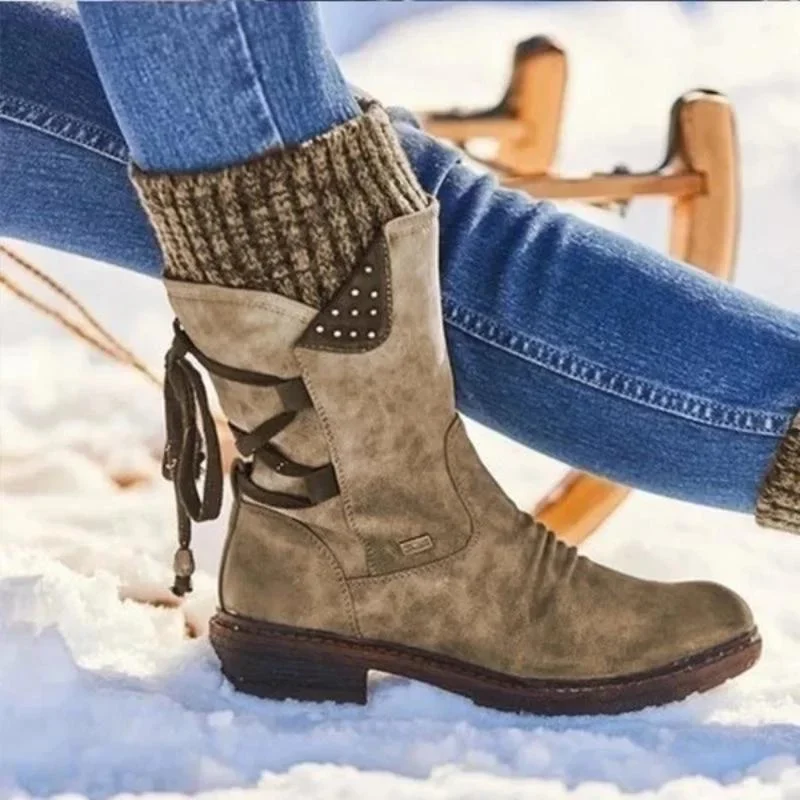 Ladies Ankle Boots – Knitted Cuff – Studs – Decorative Back Lace Closure - Image 2