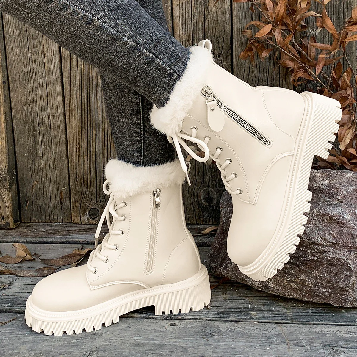 Women's Ankle Boots – Leather Structured Fit – Lace-up Closure and Side Zipper – Profile Sole - Image 2