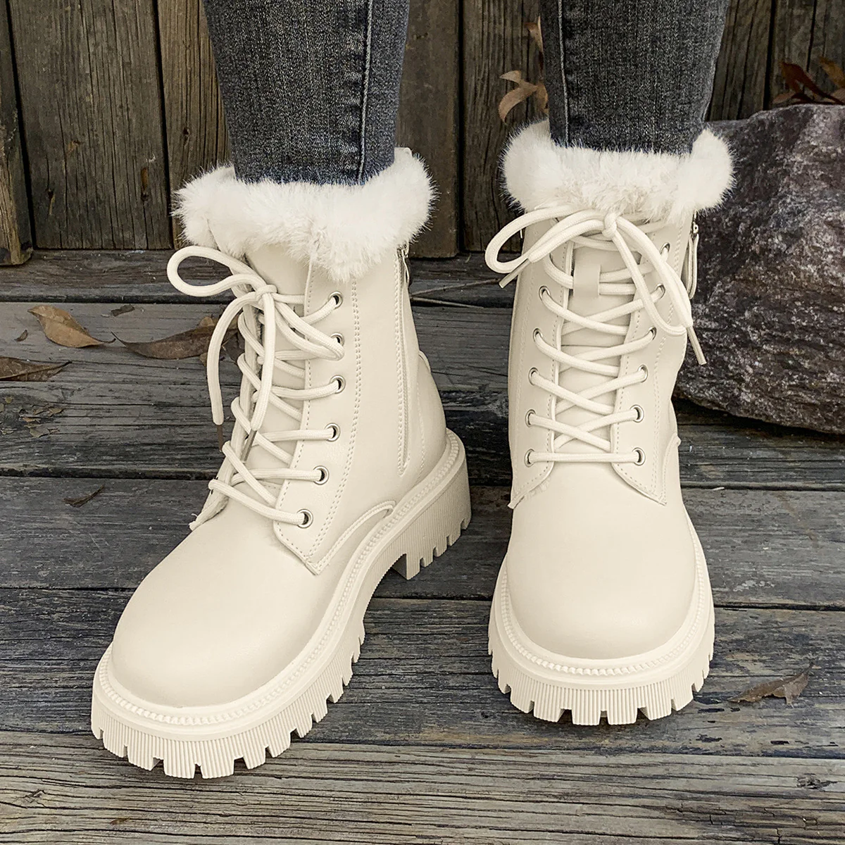 Women's Ankle Boots – Leather Structured Fit – Lace-up Closure and Side Zipper – Profile Sole - Image 3