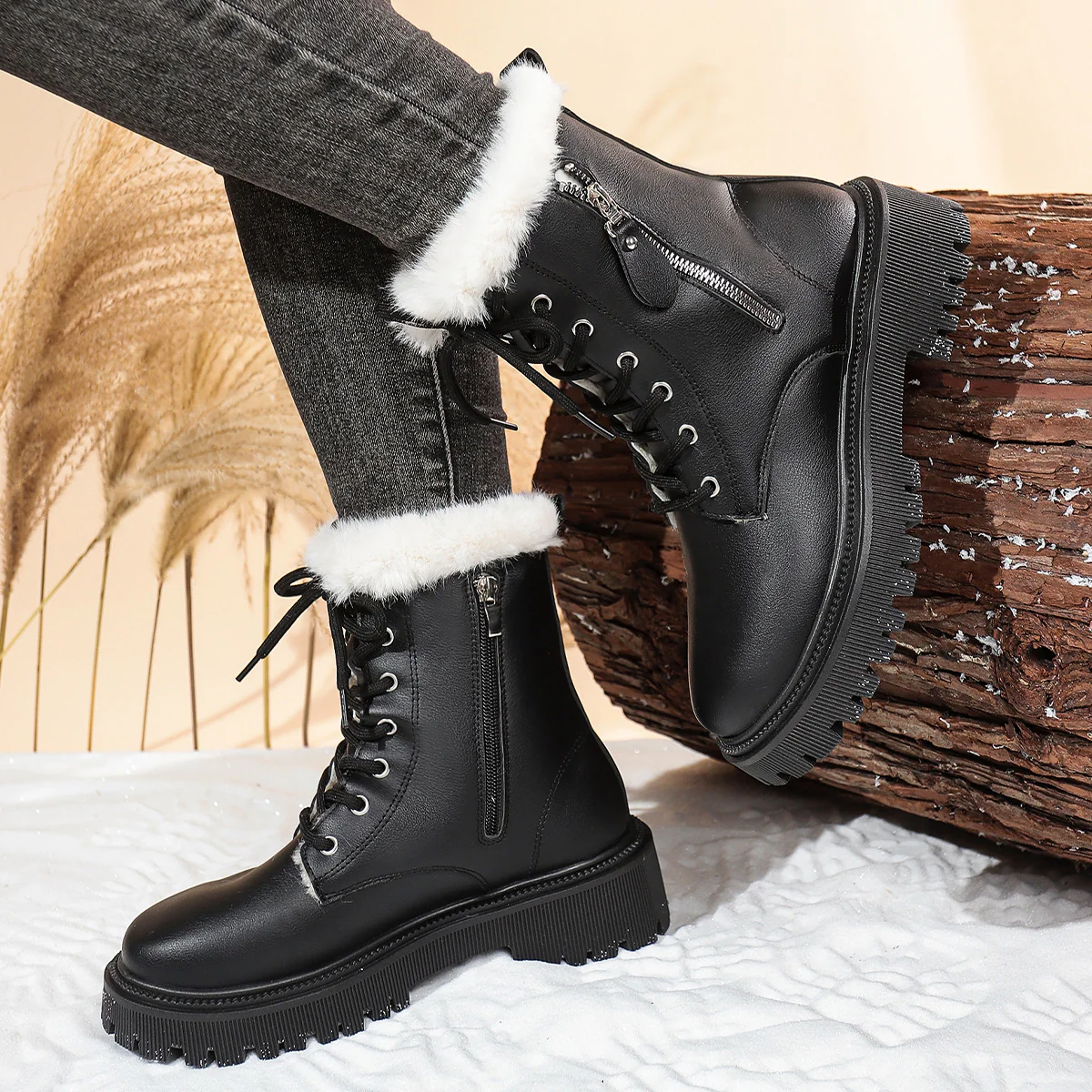 Women's Ankle Boots – Leather Structured Fit – Lace-up Closure and Side Zipper – Profile Sole - Image 4