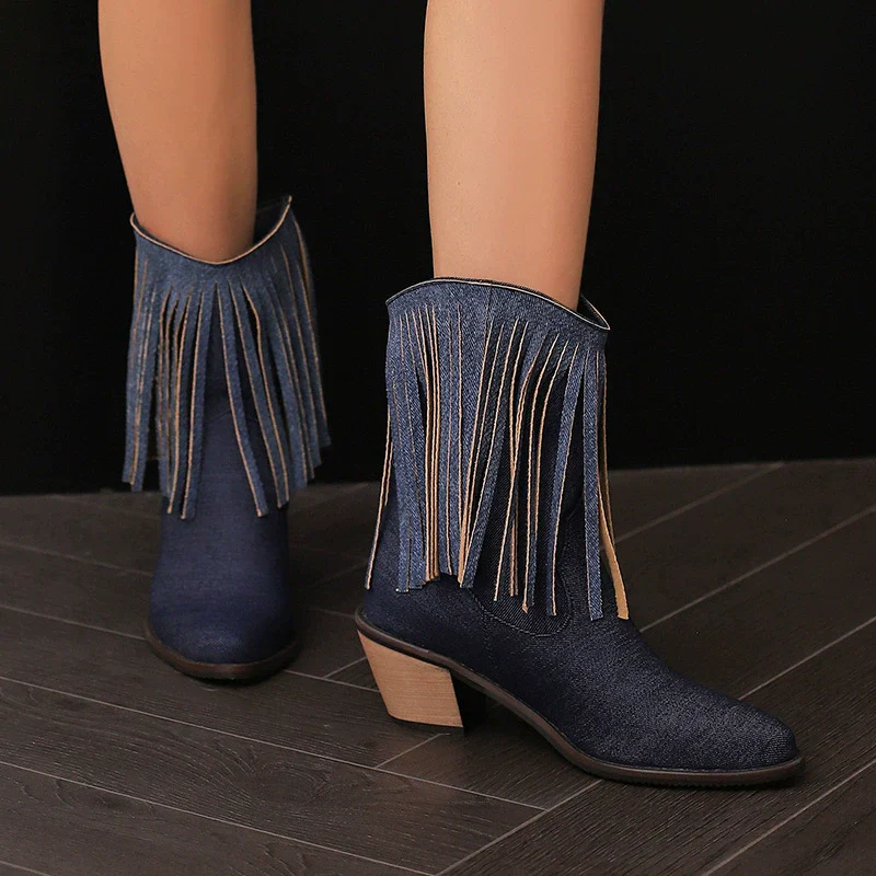 Women's Ankle Boots – Pointed Toe – Block Heel – Fringe Details – Slip-on Model - Image 2