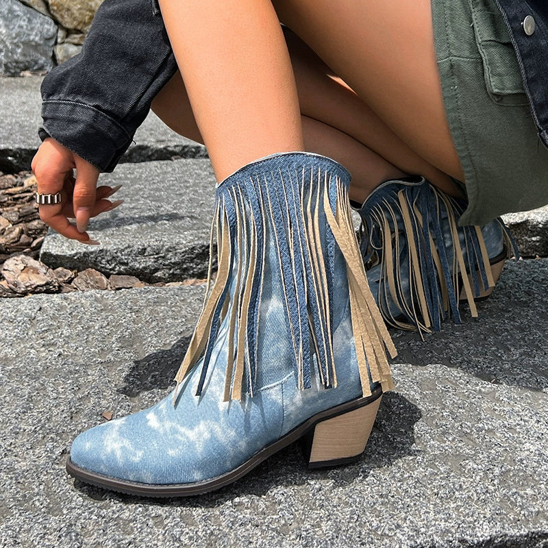 Women's Ankle Boots – Pointed Toe – Block Heel – Fringe Details – Slip-on Model - Image 3