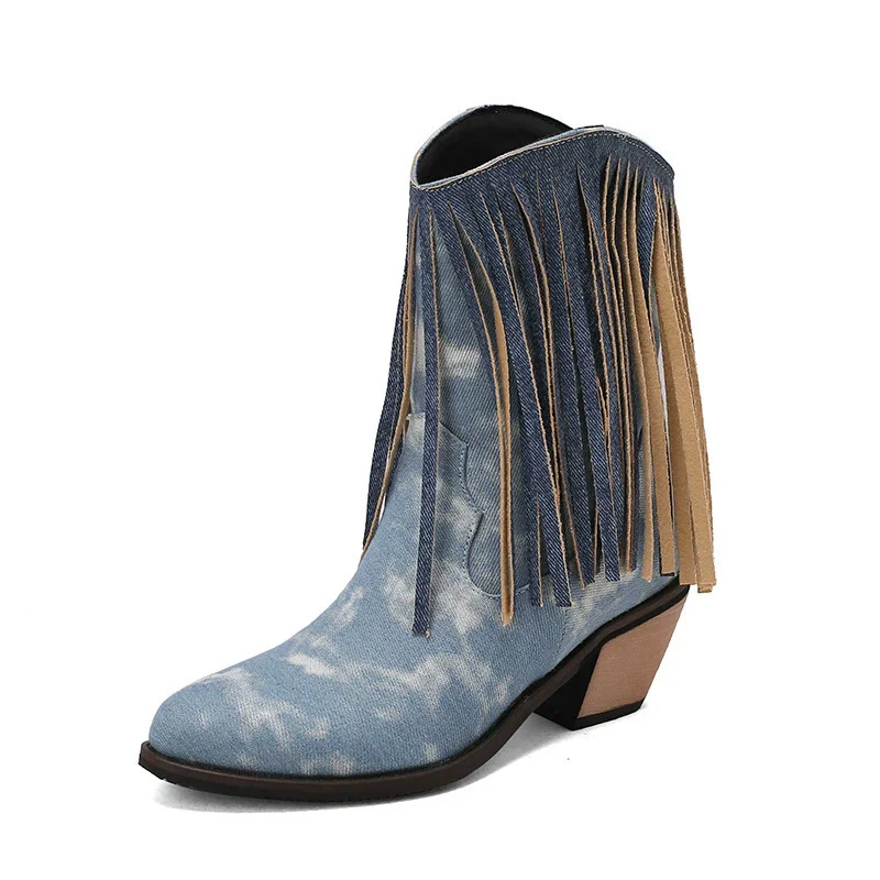 Women's Ankle Boots – Pointed Toe – Block Heel – Fringe Details – Slip-on Model - Image 5